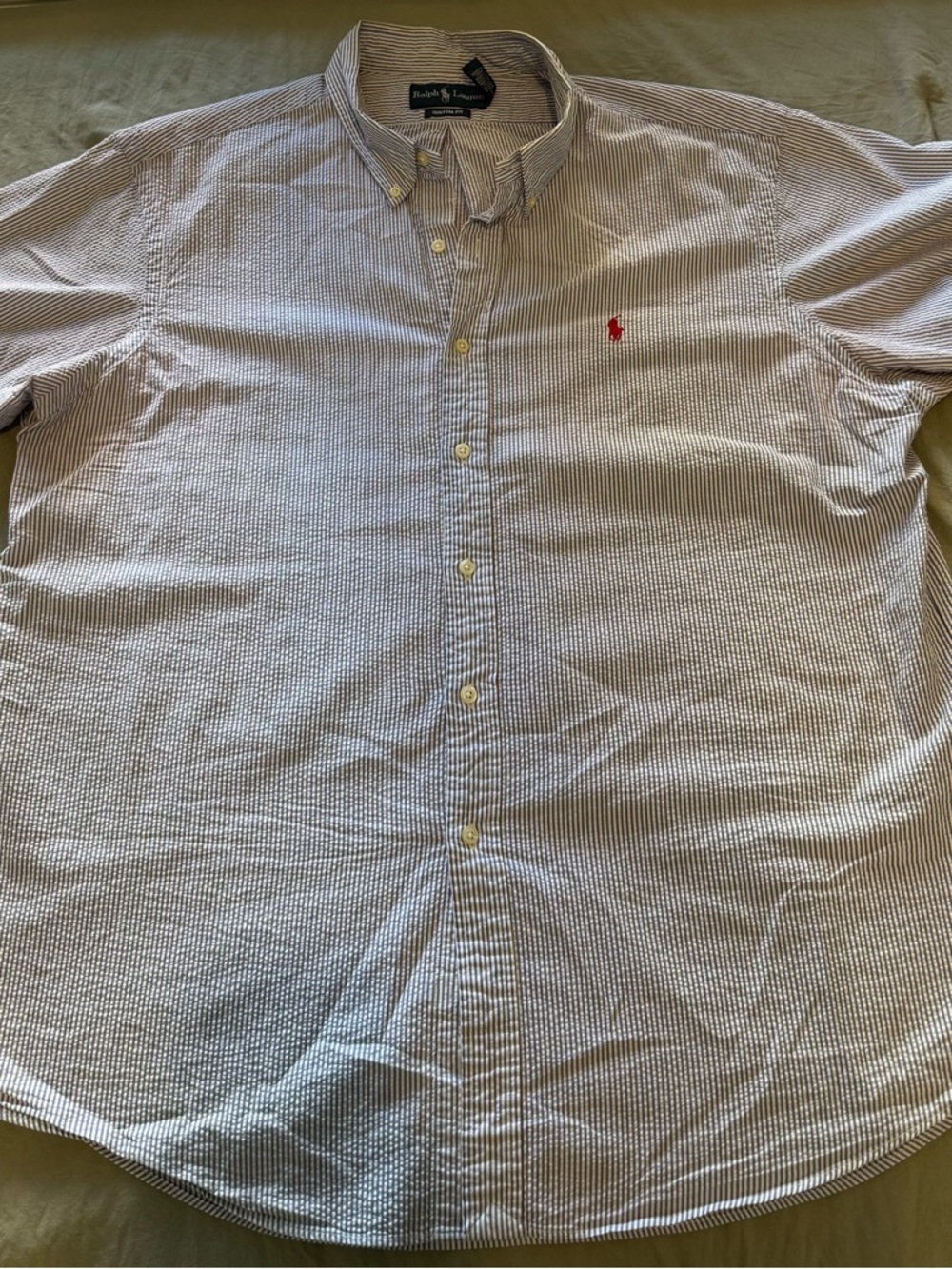 Polo Ralph Lauren Men's Blue and White Striped Short Sleeve Button Up Shirt